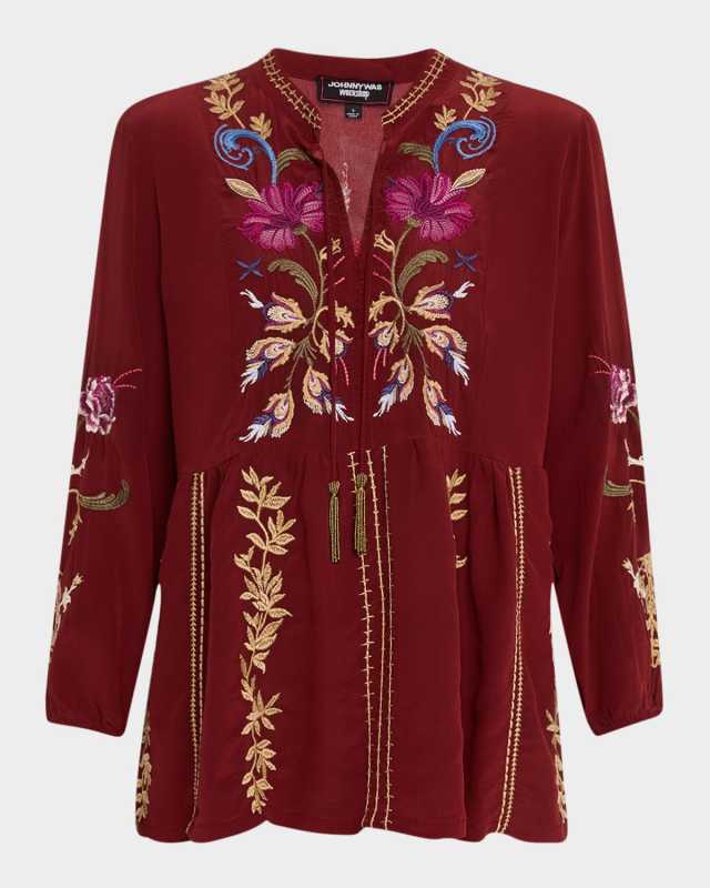 Steffania Floral-Embroidered Silk Blous